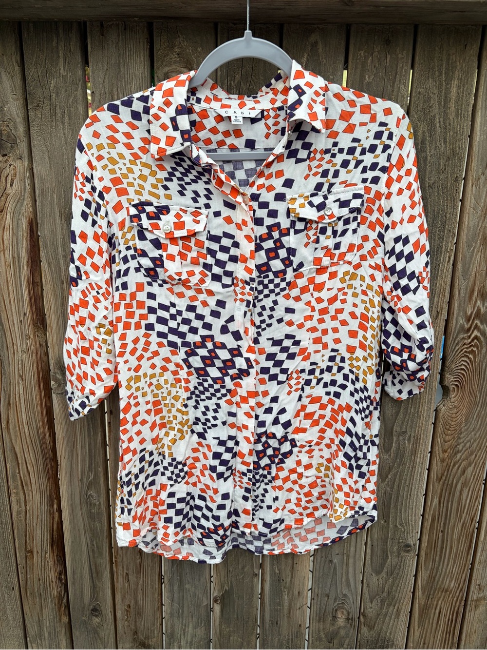 Printed Button-Front Blouse  Squares Women’s Size S